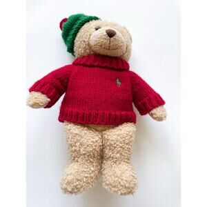 2006 NY Ralph Lauren Holiday Bear Red Sweater Polo Logo Horse Green Stocking Cap